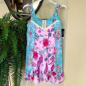 Brand New Pink & Violet Girls Sleeveless Floral Blue/Pink Dress Flowy Ruffle